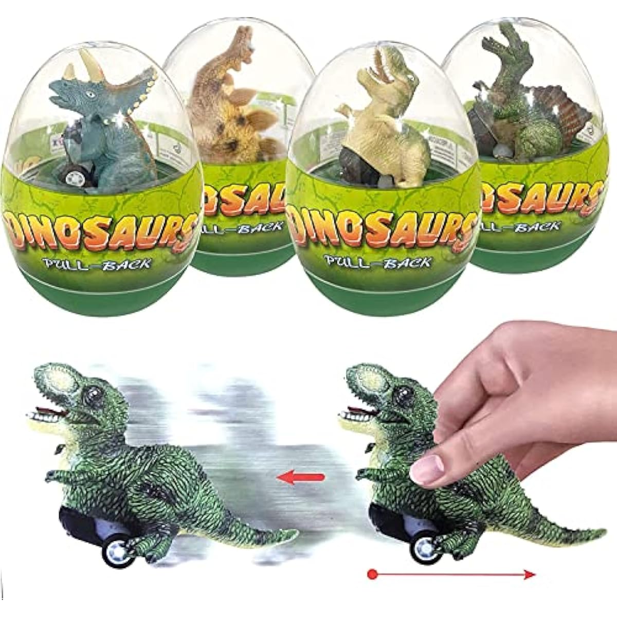 4 Pack Jumbo Dinosour Eggs with Dinosaur Pull Back Cars Dinos Vehicles Toys Inside for Kids Boys Girls Easter Basket Stuffers Party Favors Easter Egg Hunt