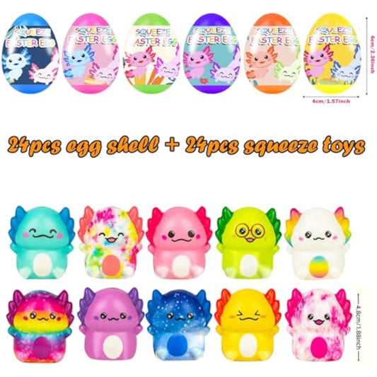 24 Pack Prefilled Easter Eggs with Slow Squishy Toys Axolotl Toy Easter Eggs Filled for Kids Boys Girls Easter Basket Stuffers Party Favors Easter Egg Fillers Hunt