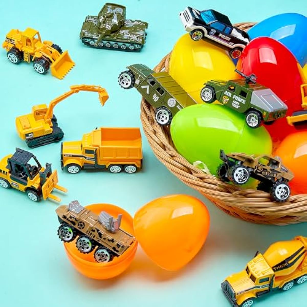 12 Pcs Prefilled Easter Eggs with Die-cast Vehicles, Basket Stuffers for Kids, City Cars and Trucks Toy for Easter Egg Hunt, Party Favors for Boys, Goodie Bag Fillers, Class Prize Supplies Gifts