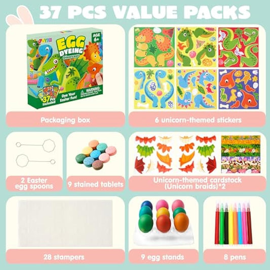 37 PCS Dinosaur Easter Egg Dye Decoration Kit with Dye Tablets and Stickers, Coloring Dyeing Set for Easter Theme Party, Egg Hunt Creativity Activity.