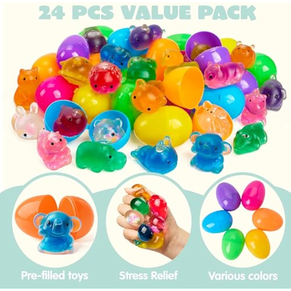 24 Pcs Easter Prefilled Eggs with Mochi Squishy Toy, Cute Animal Squishy Toy Fillers for Easter Egg Hunt, Basket Stuffers, Stress Release, Classroom Prize Supplies, Party Favors Gifts Bulk