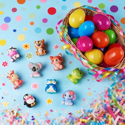 24 Pack Filled Easter Eggs for Kids Prefilled Egg Fillers Squishy Toys Stuffed Easters Gifts Basket Stuffers for Kids Girls Toddlers Boys Easters Egg Hunt Party Favors Animals (Easter)