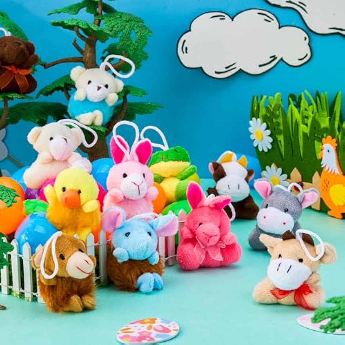 12 Pcs Prefilled Easter Eggs with Plush Toys, Plastic Eggs Filled with Mini Stuffed Plush Toys, Basket Stuffers for Toddlers, Easter Egg Hunt, Party Favors, Classroom Prizes for Kids