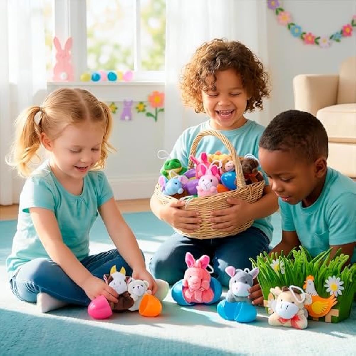 12 Pcs Prefilled Easter Eggs with Plush Toys, Plastic Eggs Filled with Mini Stuffed Plush Toys, Basket Stuffers for Toddlers, Easter Egg Hunt, Party Favors, Classroom Prizes for Kids