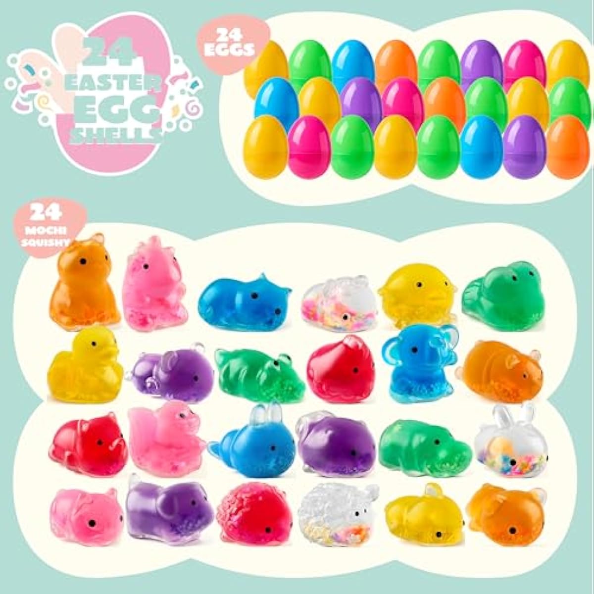 24 Pcs Easter Prefilled Eggs with Mochi Squishy Toy, Cute Animal Squishy Toy Fillers for Easter Egg Hunt, Basket Stuffers, Stress Release, Classroom Prize Supplies, Party Favors Gifts Bulk
