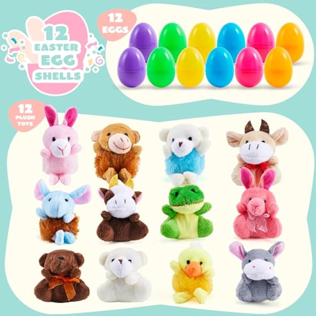 12 Pcs Prefilled Easter Eggs with Plush Toys, Plastic Eggs Filled with Mini Stuffed Plush Toys, Basket Stuffers for Toddlers, Easter Egg Hunt, Party Favors, Classroom Prizes for Kids