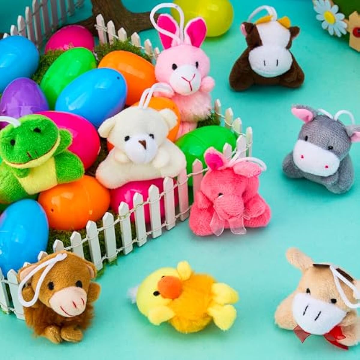 12 Pcs Prefilled Easter Eggs with Plush Toys, Plastic Eggs Filled with Mini Stuffed Plush Toys, Basket Stuffers for Toddlers, Easter Egg Hunt, Party Favors, Classroom Prizes for Kids