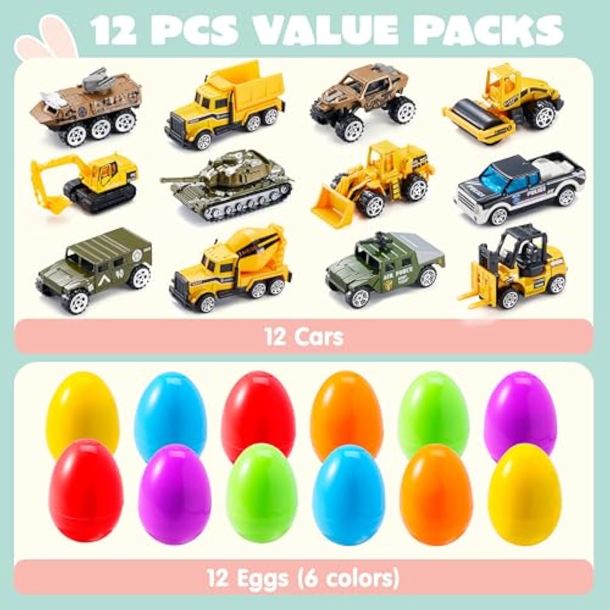 12 Pcs Prefilled Easter Eggs with Die-cast Vehicles, Basket Stuffers for Kids, City Cars and Trucks Toy for Easter Egg Hunt, Party Favors for Boys, Goodie Bag Fillers, Class Prize Supplies Gifts