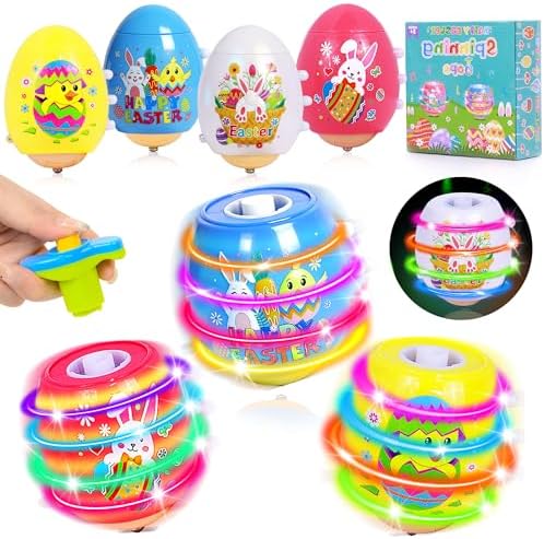 4 Pack Easter Basket Stuffers Light Up Spinning Singing Tops with Flash, Easter Gifts for Kids Toddler Boys Girls, Easter Eggs Toys, Easter Eggs Filled Goodie Bag Prize Party Favor