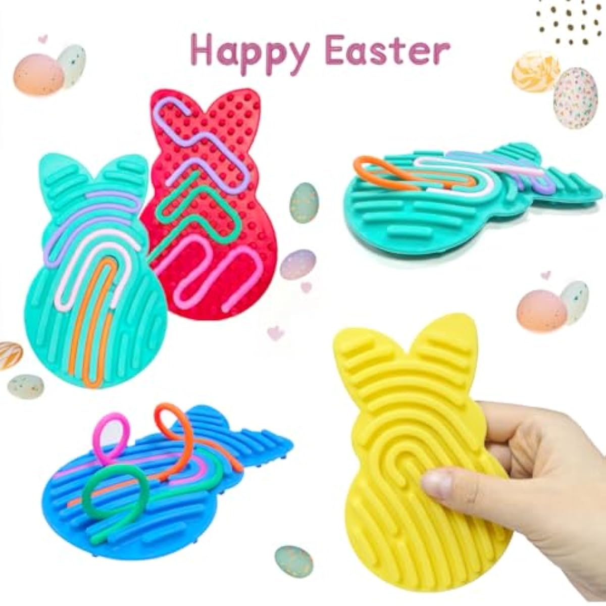 4 Pcs Easter Bunny Sensory Activity Board Toys Double-Side Silicone Fidget Toy for Kids Boys Girls Calming for Anxiety Easter Basket Stuffers Eggs Fillers Party Favors Gifts
