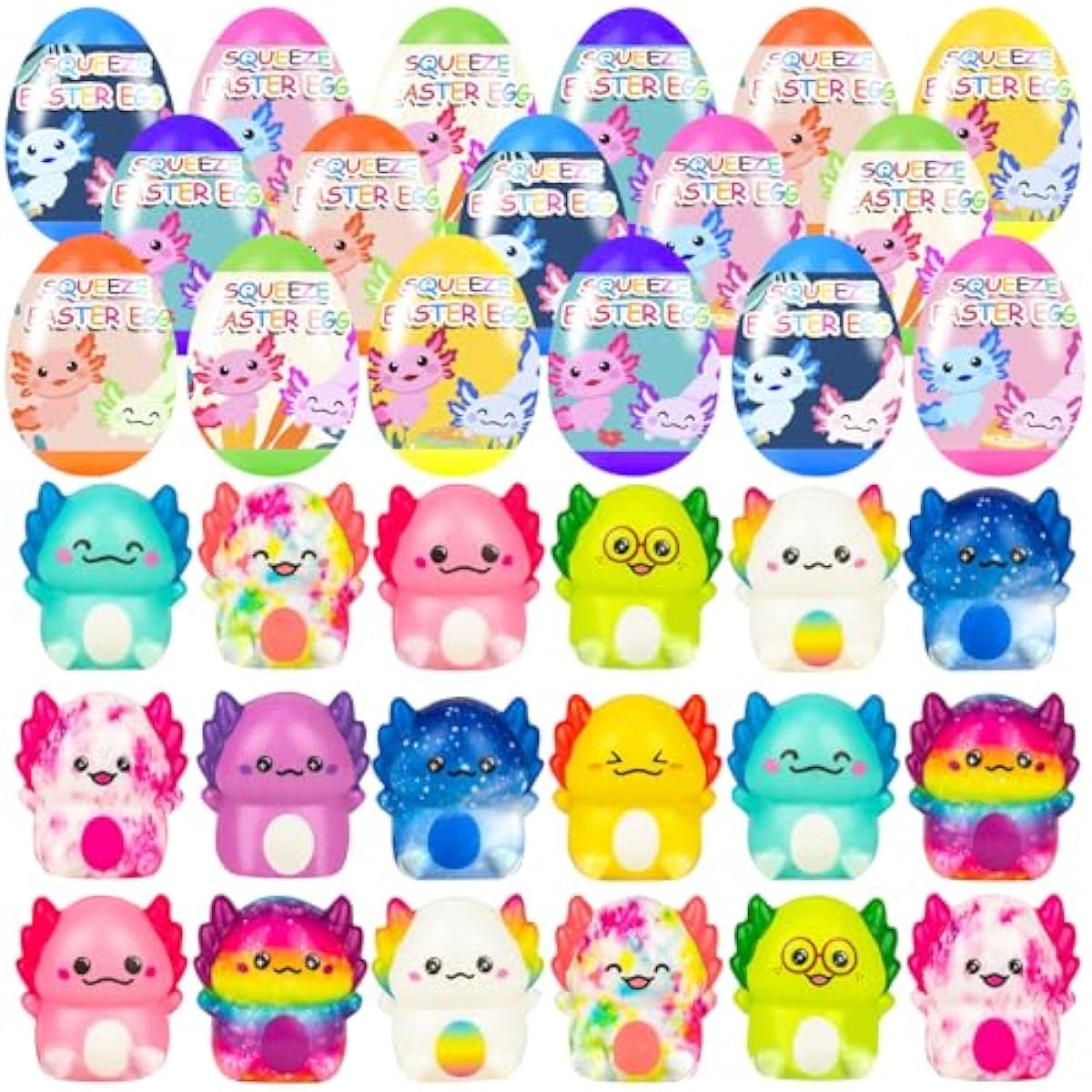 24 Pack Prefilled Easter Eggs with Slow Squishy Toys Axolotl Toy Easter Eggs Filled for Kids Boys Girls Easter Basket Stuffers Party Favors Easter Egg Fillers Hunt