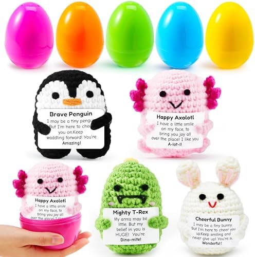 5 Pcs Jumbo Prefilled Easter Eggs with Crochet Toys, Eggs Filled with Stress-Relief Comfort Crochet Toys, Basket Stuffers for Kids Teens, Easter Egg Hunt, Party Favor, Classroom Prizes Gift