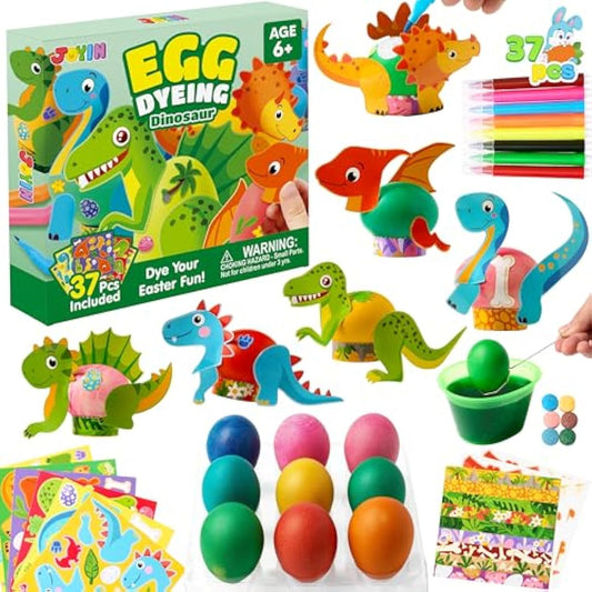 37 PCS Dinosaur Easter Egg Dye Decoration Kit with Dye Tablets and Stickers, Coloring Dyeing Set for Easter Theme Party, Egg Hunt Creativity Activity.