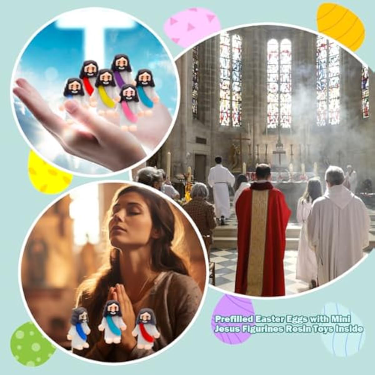 24 Pcs Prefilled Easter Eggs with Mini Jesus Figurines Resin Toys Great for Kids Girls Boys Toddlers Easter Egg Hunt Fillers Easter Basket Stuffers Party Favors Gifts