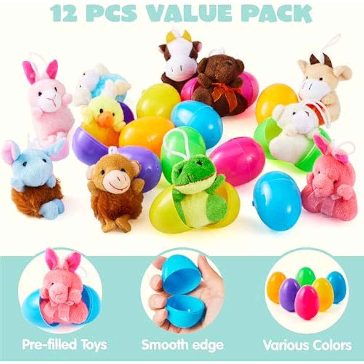 12 Pcs Prefilled Easter Eggs with Plush Toys, Plastic Eggs Filled with Mini Stuffed Plush Toys, Basket Stuffers for Toddlers, Easter Egg Hunt, Party Favors, Classroom Prizes for Kids