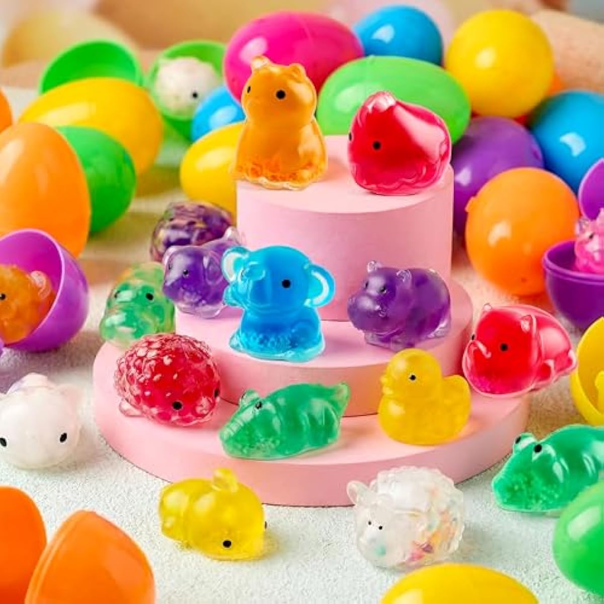 24 Pcs Easter Prefilled Eggs with Mochi Squishy Toy, Cute Animal Squishy Toy Fillers for Easter Egg Hunt, Basket Stuffers, Stress Release, Classroom Prize Supplies, Party Favors Gifts Bulk