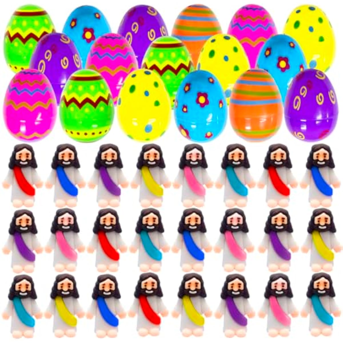 24 Pcs Prefilled Easter Eggs with Mini Jesus Figurines Resin Toys Great for Kids Girls Boys Toddlers Easter Egg Hunt Fillers Easter Basket Stuffers Party Favors Gifts