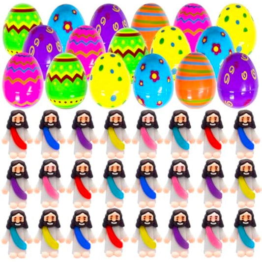 24 Pcs Prefilled Easter Eggs with Mini Jesus Figurines Resin Toys Great for Kids Girls Boys Toddlers Easter Egg Hunt Fillers Easter Basket Stuffers Party Favors Gifts