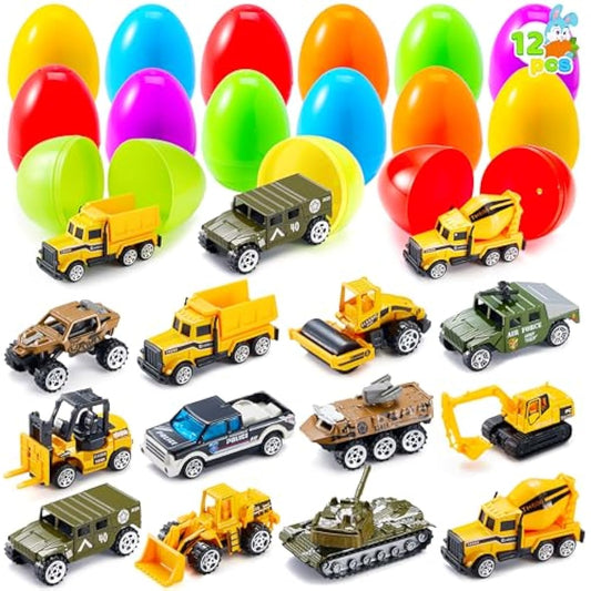 12 Pcs Prefilled Easter Eggs with Die-cast Vehicles, Basket Stuffers for Kids, City Cars and Trucks Toy for Easter Egg Hunt, Party Favors for Boys, Goodie Bag Fillers, Class Prize Supplies Gifts