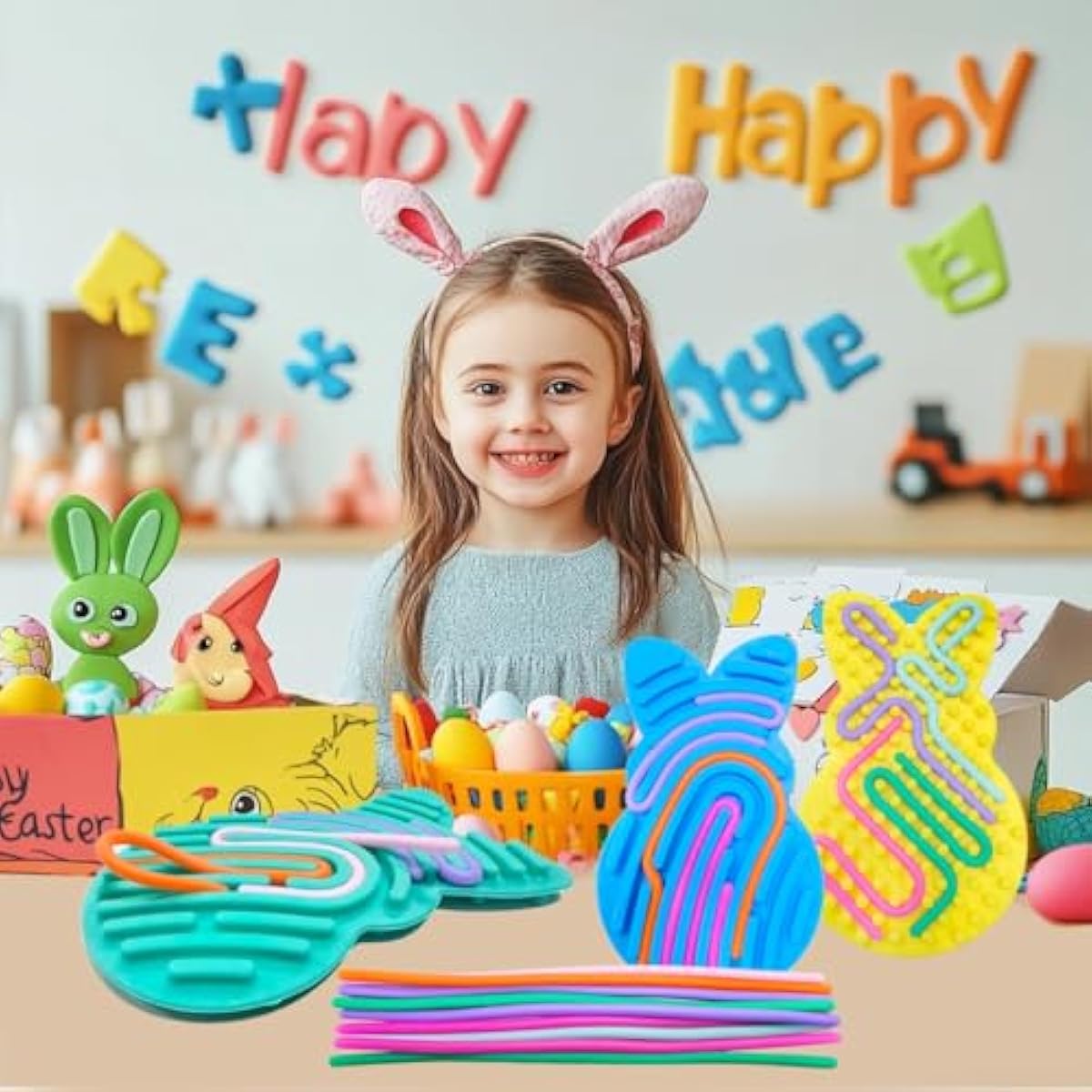 4 Pcs Easter Bunny Sensory Activity Board Toys Double-Side Silicone Fidget Toy for Kids Boys Girls Calming for Anxiety Easter Basket Stuffers Eggs Fillers Party Favors Gifts