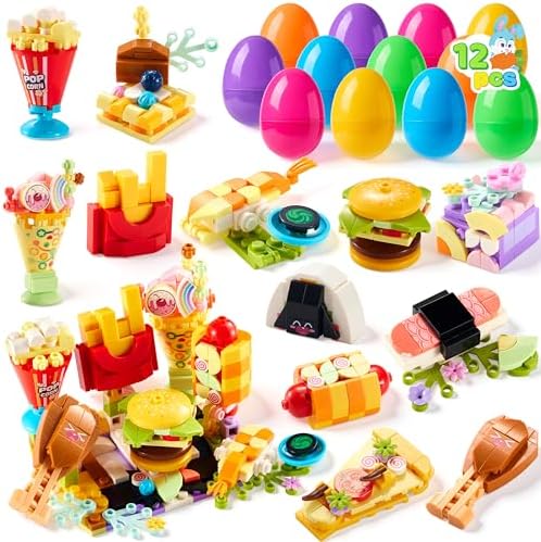 12 Pcs Prefilled Easter Eggs with Food Building Blocks, Plastic Fast Food Building Eggs for Easter Theme Party Favors, Basket Stuffers for Boys Girls, Egg Hunt, Classroom Prizes for Kids