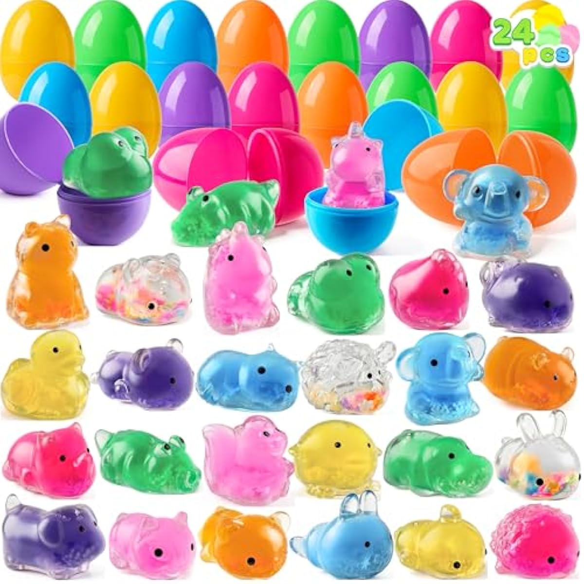 24 Pcs Easter Prefilled Eggs with Mochi Squishy Toy, Cute Animal Squishy Toy Fillers for Easter Egg Hunt, Basket Stuffers, Stress Release, Classroom Prize Supplies, Party Favors Gifts Bulk