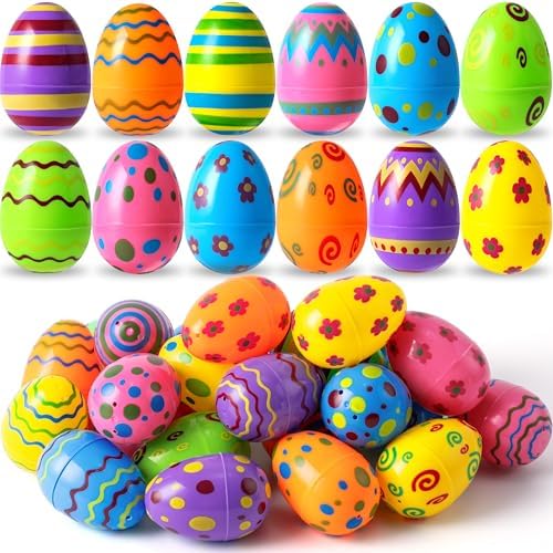 100 PCs Plastic Printed Bright Easter Eggs, Over 3.15'' Tall Fillable Empty Eggs for Easter Hunt, Basket Stuffers Fillers, Classroom Prize Supplies, Party Favors