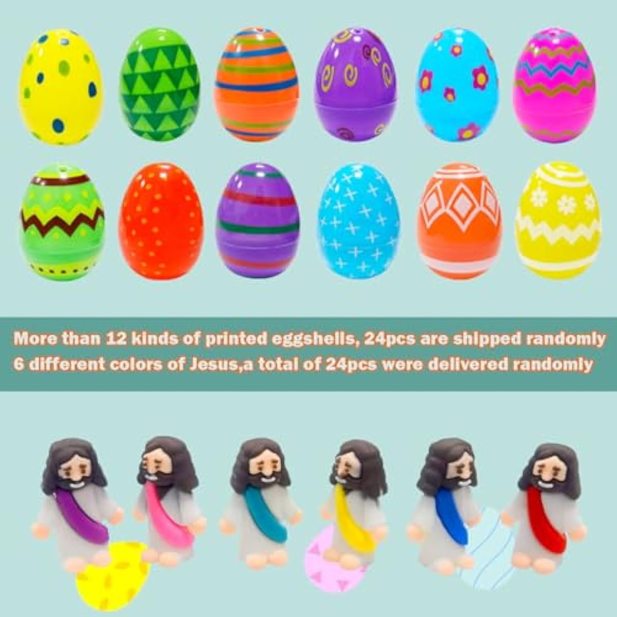 24 Pcs Prefilled Easter Eggs with Mini Jesus Figurines Resin Toys Great for Kids Girls Boys Toddlers Easter Egg Hunt Fillers Easter Basket Stuffers Party Favors Gifts