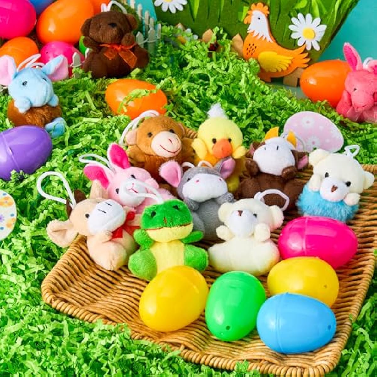 12 Pcs Prefilled Easter Eggs with Plush Toys, Plastic Eggs Filled with Mini Stuffed Plush Toys, Basket Stuffers for Toddlers, Easter Egg Hunt, Party Favors, Classroom Prizes for Kids