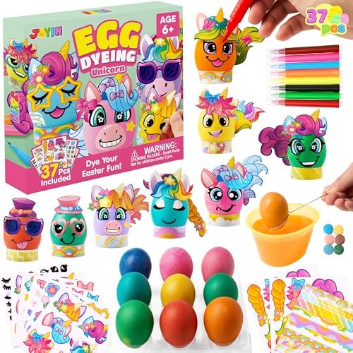 37 PCS Unicorn Easter Egg Dye Decoration Kit with Dye Tablets and Stickers, Coloring Dyeing Set for Kids Theme Party, Easter Egg Hunt Creativity Activity