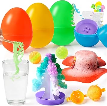 4pcs Jumbo Easter Science Experiment Eggs, Colorful Eggs Prefilled with 4 Fun Educational Science Experiment, Egg Hunt, Basket Stuffers for Kids, Easter Theme Party Favors