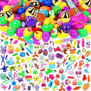 200 Pcs Prefilled Easter Eggs with Assorted Toys Inside, Basket Stuffers Easter Fillers, Easter Toys Bulk, Easter Egg Hunt Supplies, Prizes Classroom Events, Easter Party Favors Gifts for Kids Boys Girls