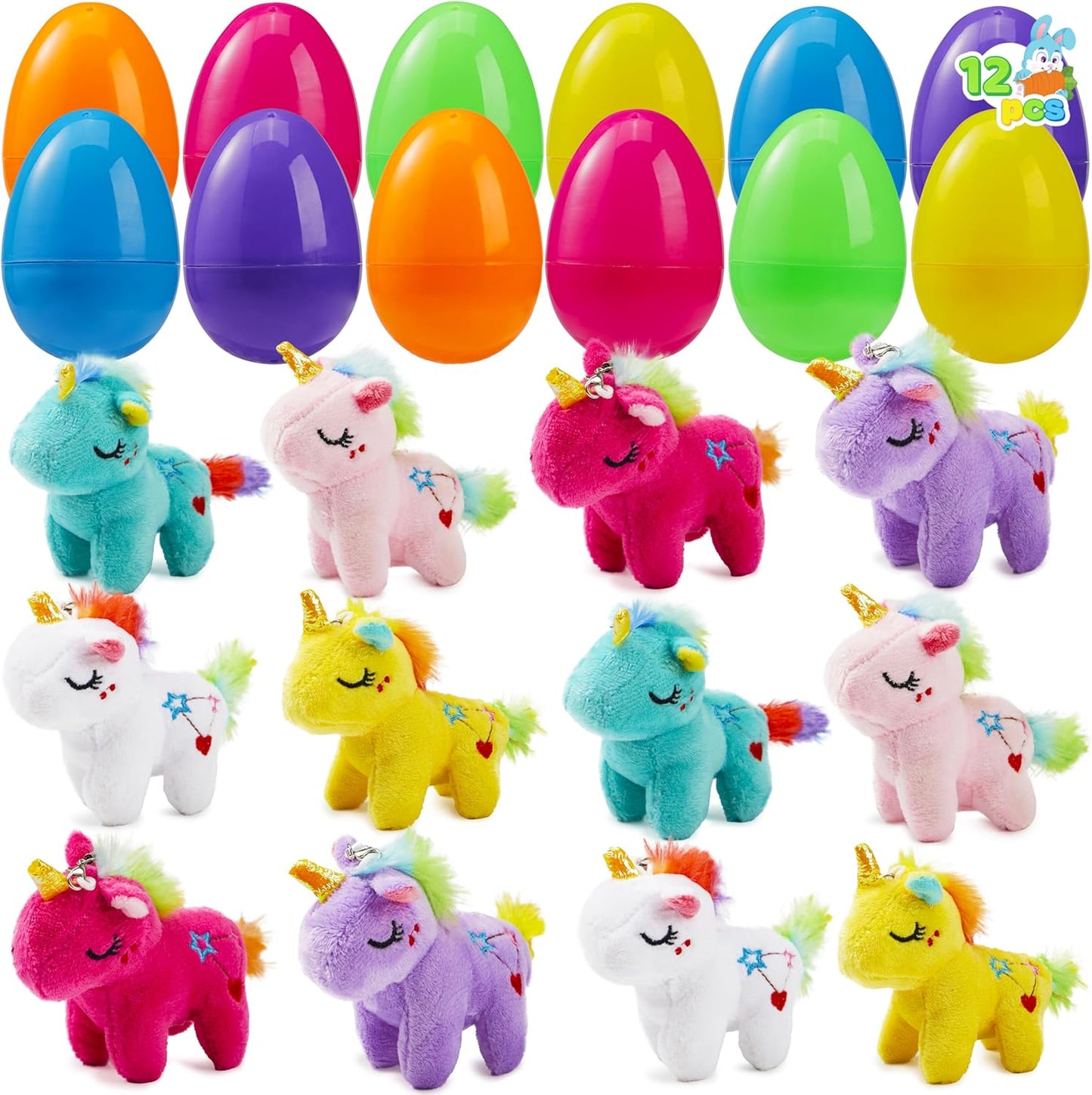 12 Pcs Prefilled Easter Eggs with Plush Toys, Plastic Eggs Filled with Mini Stuffed Plush Toys, Basket Stuffers for Toddlers, Easter Egg Hunt, Party Favors, Classroom Prizes for Kids