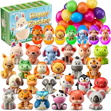 24 Pack Filled Easter Eggs for Kids Prefilled Egg Fillers Squishy Toys Stuffed Easters Gifts Basket Stuffers for Kids Girls Toddlers Boys Easters Egg Hunt Party Favors Animals (Easter)