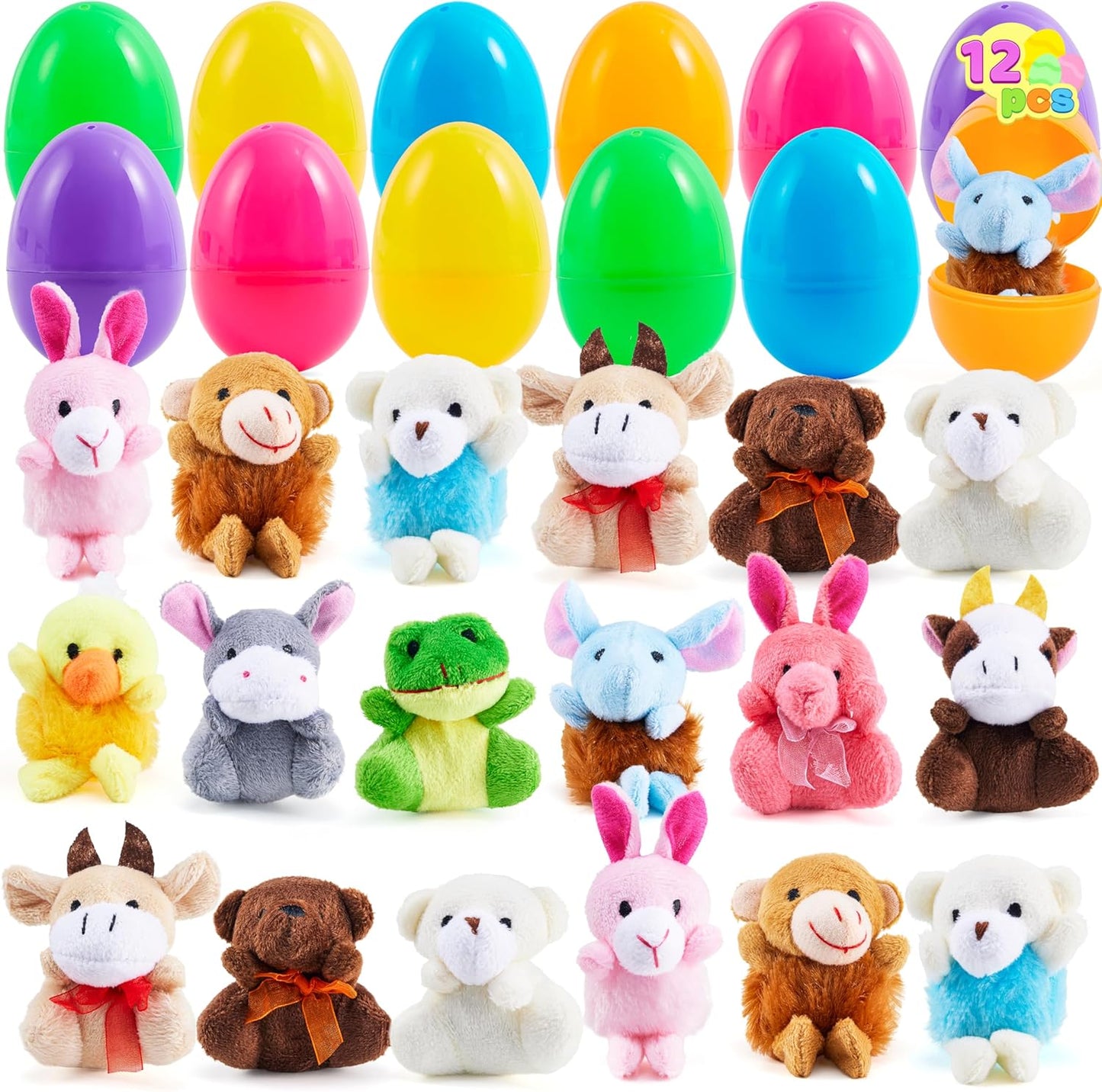 12 Pcs Prefilled Easter Eggs with Plush Toys, Plastic Eggs Filled with Mini Stuffed Plush Toys, Basket Stuffers for Toddlers, Easter Egg Hunt, Party Favors, Classroom Prizes for Kids