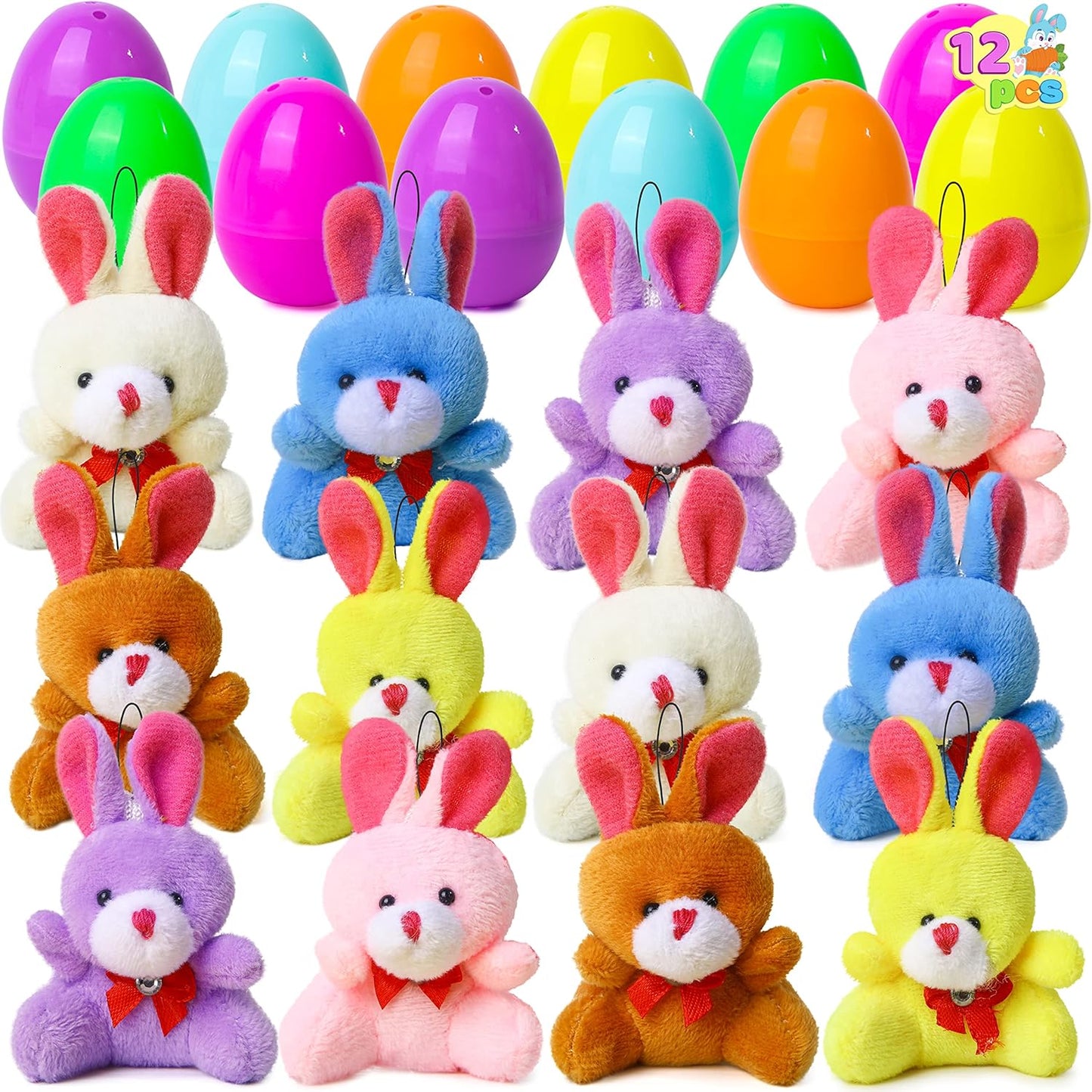 12 Pcs Prefilled Easter Eggs with Plush Toys, Plastic Eggs Filled with Mini Stuffed Plush Toys, Basket Stuffers for Toddlers, Easter Egg Hunt, Party Favors, Classroom Prizes for Kids