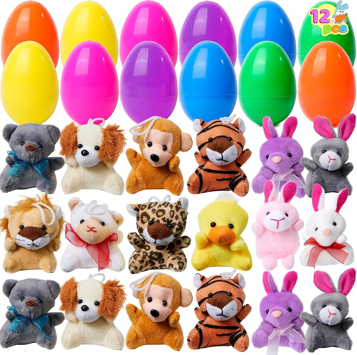 12 Pcs Prefilled Easter Eggs with Plush Toys, Plastic Eggs Filled with Mini Stuffed Plush Toys, Basket Stuffers for Toddlers, Easter Egg Hunt, Party Favors, Classroom Prizes for Kids